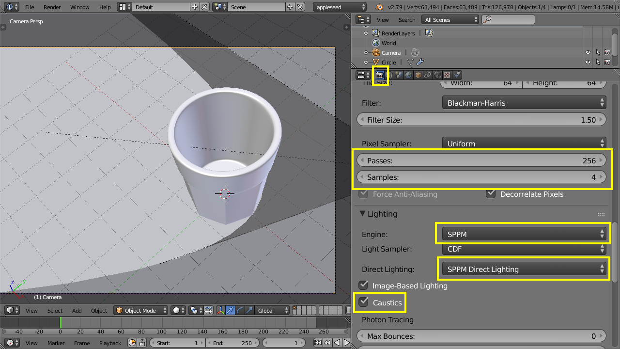 Appleseed settings for caustics rendering using SPPM in Blender